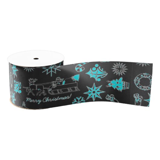 Vrolijk kerstlint Santa Star Zwart Turquoise Grosgrain Lint (Spoel)