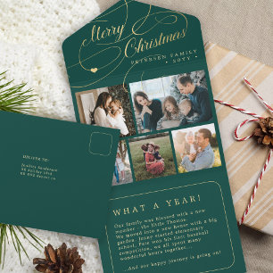 Vrolijk Kerstmis 5 foto collage rustieke groene ka All In One Uitnodiging