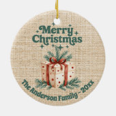 Vrolijk Kerstmis beige jute geschenkdoos groen Keramisch Ornament (Achterkant)