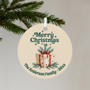 Vrolijk Kerstmis beige rustieke geschenkdoos groen Metalen Ornament