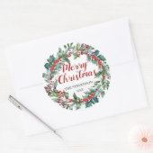 Vrolijk Kerstmis bessen krans evergreen rond label (Envelop)