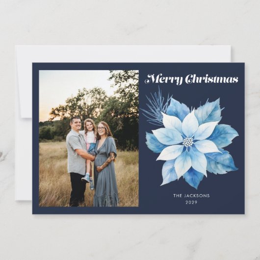 Vrolijk Kerstmis Blauw Poinsettia Feestdagenkaart (Voorkant)