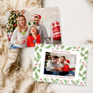 Vrolijk Kerstmis Bloemen Groen Twee Foto Feestdagenkaart