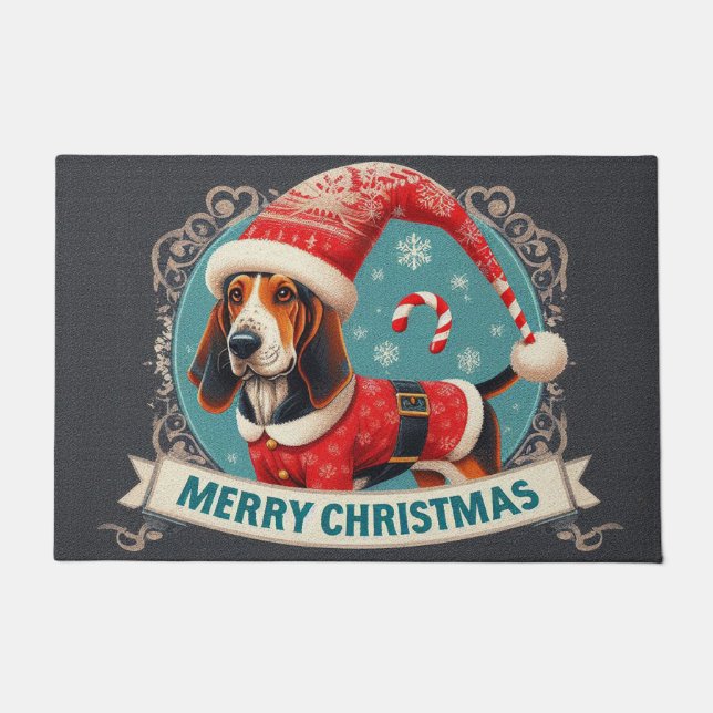 Vrolijk Kerstmis Bluetick Coonhound Hond Santa Hat Deurmat (Voorkant)