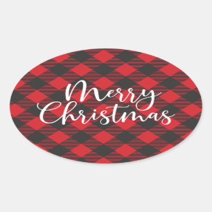 Vrolijk Kerstmis Buffel Plaid Classic Ronde Sticke Ovale Sticker