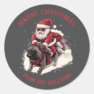 Vrolijk Kerstmis Cool Santa Claus Franse Bulldog Ronde Sticker