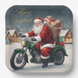 Vrolijk Kerstmis Cool  Santa op Motorcycle Papieren Bordje