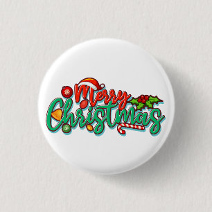 Vrolijk Kerstmis Decoratieve Typografie Script Ronde Button 3,2 Cm