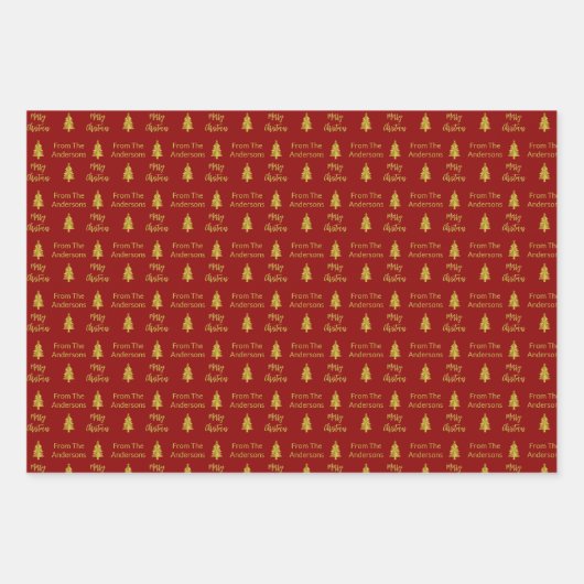Vrolijk Kerstmis Diep Rood en Goud Namen Bomen Inpakpapier Vel (Voorkant)
