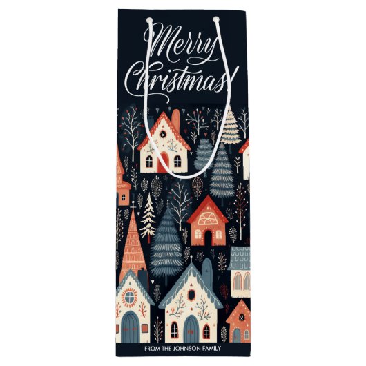 Vrolijk Kerstmis | Donkerblauw Kerstmis dorp Wijn Cadeautas (Voorkant)