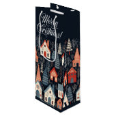 Vrolijk Kerstmis | Donkerblauw Kerstmis dorp Wijn Cadeautas (Voorkant Gekanteld)