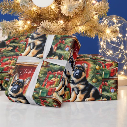 Vrolijk Kerstmis Duitse Herder Puppy Cadeaupapier (Feestdagen)