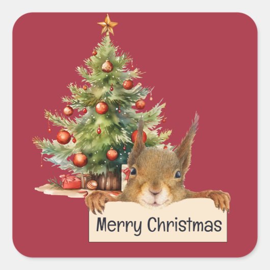 Vrolijk Kerstmis Eekhoorn Kerstboom bewerkbaar Vierkante Sticker (Voorkant)