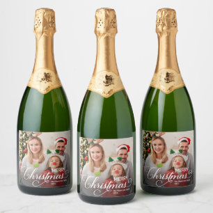 Vrolijk Kerstmis Eenvoudige Aangepaste Foto Sparkling Wijnetiket
