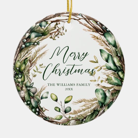 Vrolijk Kerstmis Elegant Script Rustiek Botanisch Keramisch Ornament (Voorkant)