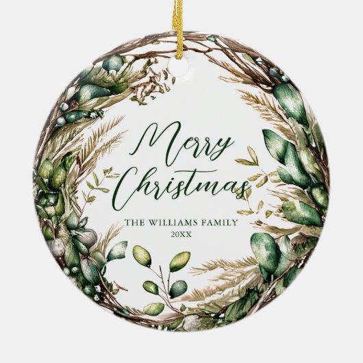 Vrolijk Kerstmis Elegant Script Rustiek Botanisch Keramisch Ornament (Achterkant)