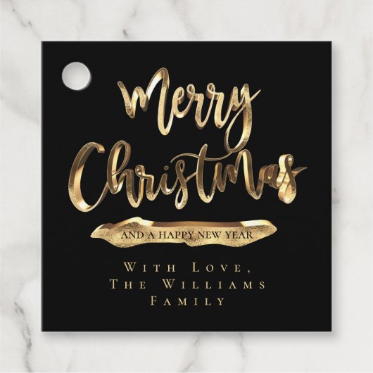 Vrolijk Kerstmis Elegant Zwart en Goud Script Chic Bedankjes Labels (Voorkant)
