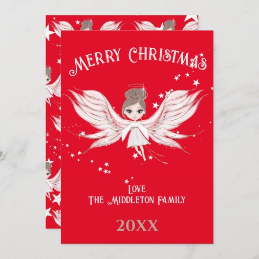 Vrolijk Kerstmis Engel Donker Haar Rood Feestdagenkaart (Voorkant / Achterkant)