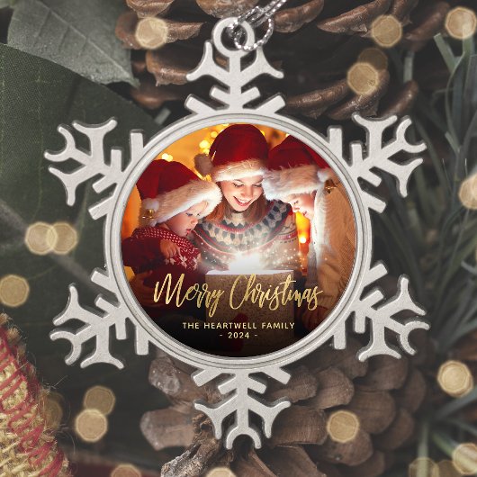 Vrolijk Kerstmis Familie Foto Elegant Goud Script Tin Sneeuwvlok Ornament