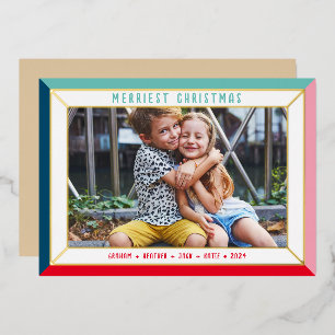 VROLIJK KERSTMIS familiefoto gewaagde kleurenrand Folie Feestdagenkaart