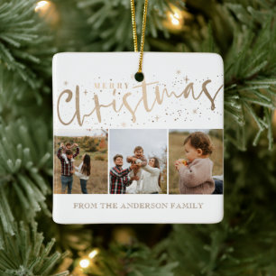 Vrolijk Kerstmis Faux Gold 3 Foto Kerstmis Keramisch Ornament