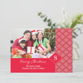 Vrolijk Kerstmis Foto Rode Damask Kaart (Staand voorkant)