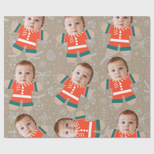 Vrolijk Kerstmis Gingerbread Custom Face Grappig Cadeaupapier (Vlak)