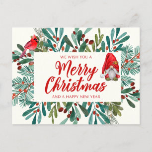 Vrolijk Kerstmis Gnome, Rode Kardinaal, Holly Berr Feestdagenkaart