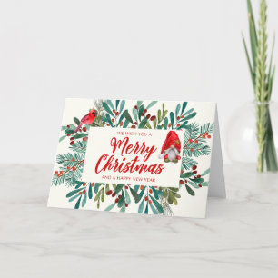 Vrolijk Kerstmis Gnome, Rode Kardinaal, Holly Berr Kaart