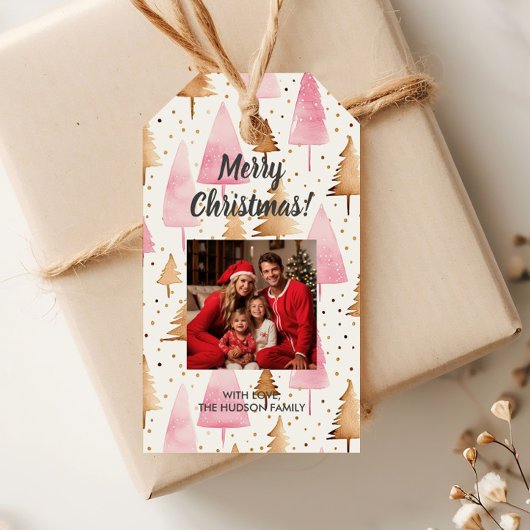 Vrolijk Kerstmis Goud Roze Boom Cadeaulabel