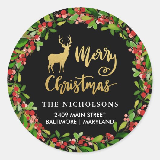 Vrolijk Kerstmis Goud Script Vakantie Retouradres Ronde Sticker (Voorkant)