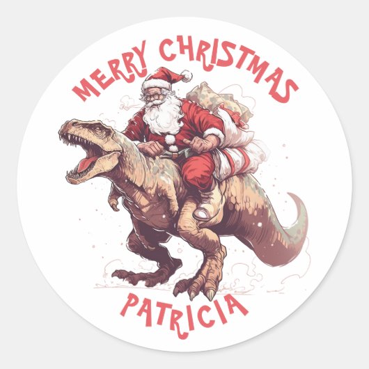 Vrolijk Kerstmis Grappige Kerstman Riding Dinosaur Ronde Sticker (Voorkant)