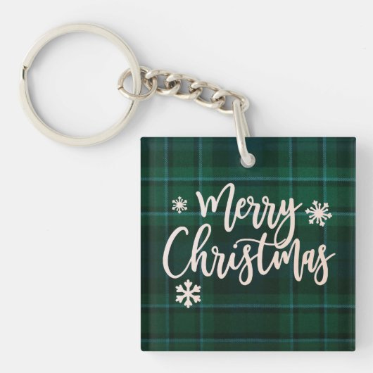 Vrolijk Kerstmis Groen Plaid Sleutelhanger (voorkant)