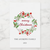 Vrolijk Kerstmis Groen Rood Krans Mini Wijn Etiket (Enkel label)