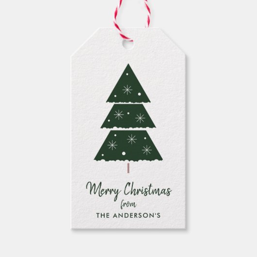 Vrolijk Kerstmis Groene Kerstboom Sneeuwvlokken Cadeaulabel (Voorkant)