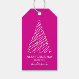 Vrolijk Kerstmis Heet Roze Wit Scribble Tree Cadeaulabel