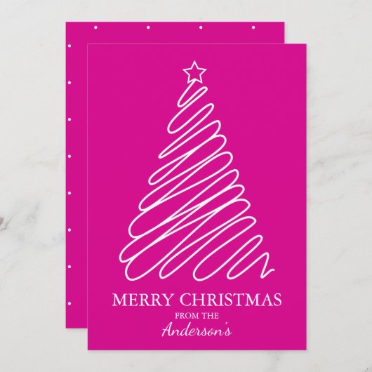Vrolijk Kerstmis Heet Roze Wit Scribble Tree Feestdagenkaart (Voorkant / Achterkant)