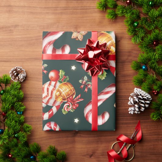 Vrolijk Kerstmis Holly Berries Candy Cane Red Bow Cadeaupapier (Feestdagen Geschenken)