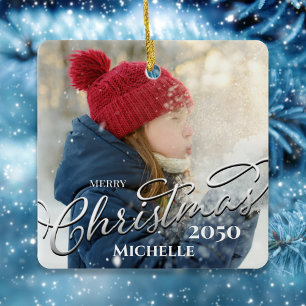 Vrolijk Kerstmis Kalligrafie Navy Blue Plaid Foto Keramisch Ornament