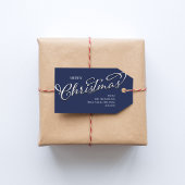 Vrolijk Kerstmis Kalligrafie Script Navy Blauw Pla Cadeaulabel