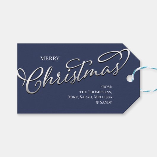 Vrolijk Kerstmis Kalligrafie Script Navy Blauw Pla Cadeaulabel (Voorkant (Horizontaal))