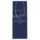 Vrolijk Kerstmis Kalligrafie Script Navy Blauw Pla Wijn Cadeautas (Achterkant)
