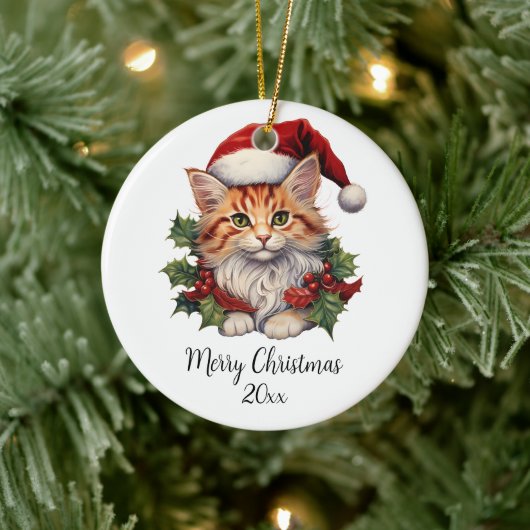 Vrolijk Kerstmis Kat Kitten Santa Hoed Holly Custo Keramisch Ornament (Boom)