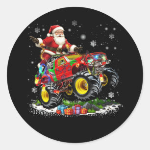 Vrolijk Kerstmis Kerstman Rijden Monster Truck F Ronde Sticker
