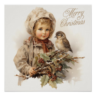 Vrolijk Kerstmis  Kind met Vogel Perfect Poster