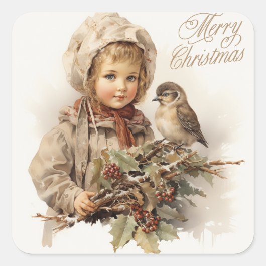 Vrolijk Kerstmis  Kind met Vogel Vierkante Sticker (Voorkant)