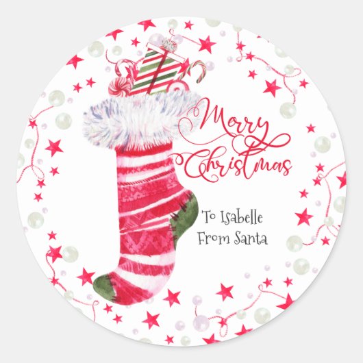 Vrolijk Kerstmis kous gepersonaliseerd Ronde Sticker (Voorkant)