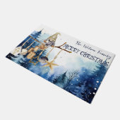 Vrolijk Kerstmis Lady Gnome op Blauw Bos Deurmat (Schuin)