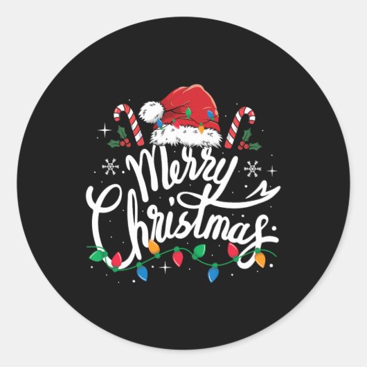 Vrolijk Kerstmis Lichten Rode Kerstman Hoed Xmas F Ronde Sticker (Voorkant)