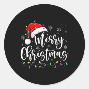 Vrolijk Kerstmis Lichten Rode Kerstman Hoed Xmas F Ronde Sticker